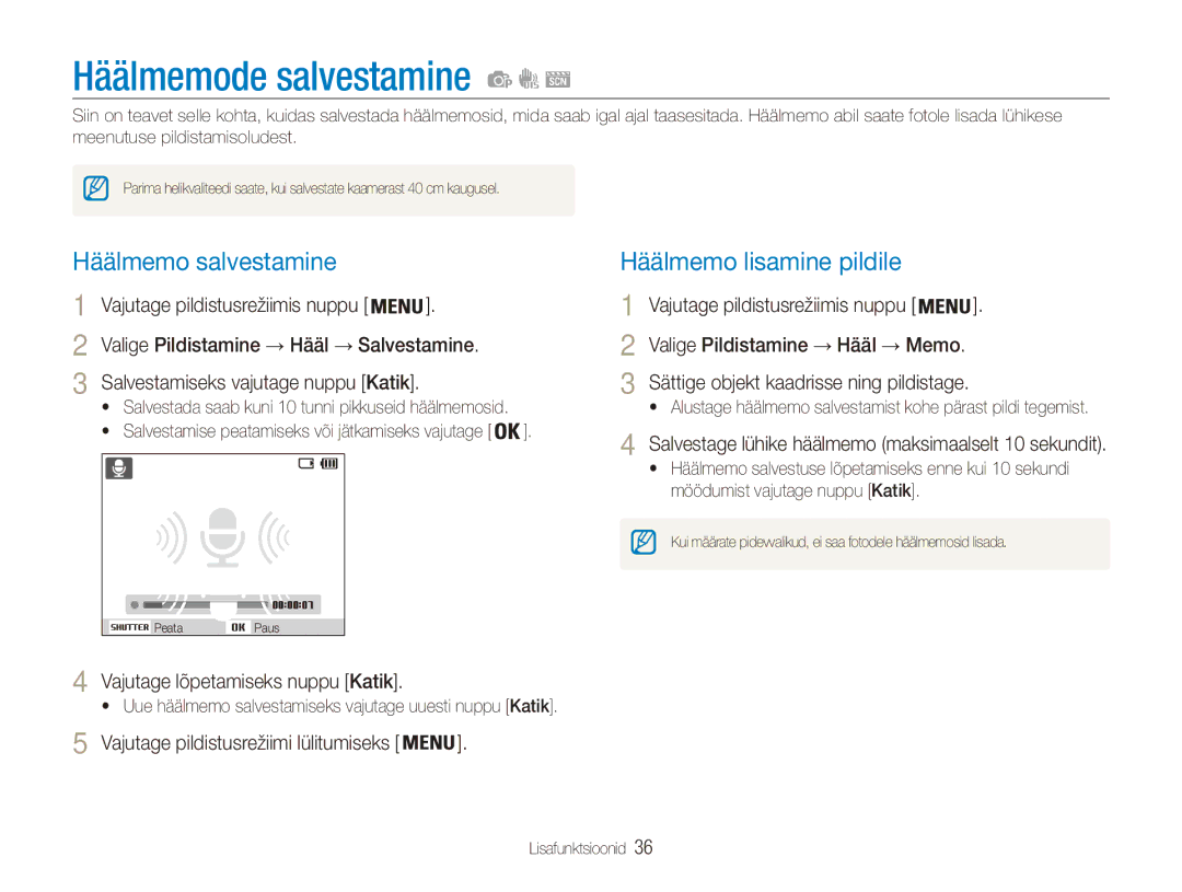 Samsung EC-ES90ZZBPBE2, EC-ES90ZZBPSE2 manual Häälmemode salvestamine, Häälmemo salvestamine, Häälmemo lisamine pildile 