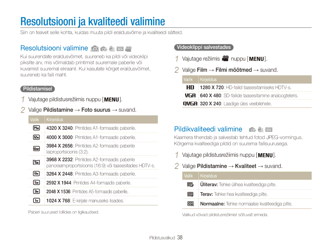 Samsung EC-ES90ZZBPBE2 manual Resolutsiooni ja kvaliteedi valimine, Resolutsiooni valimine, Pildikvaliteedi valimine 