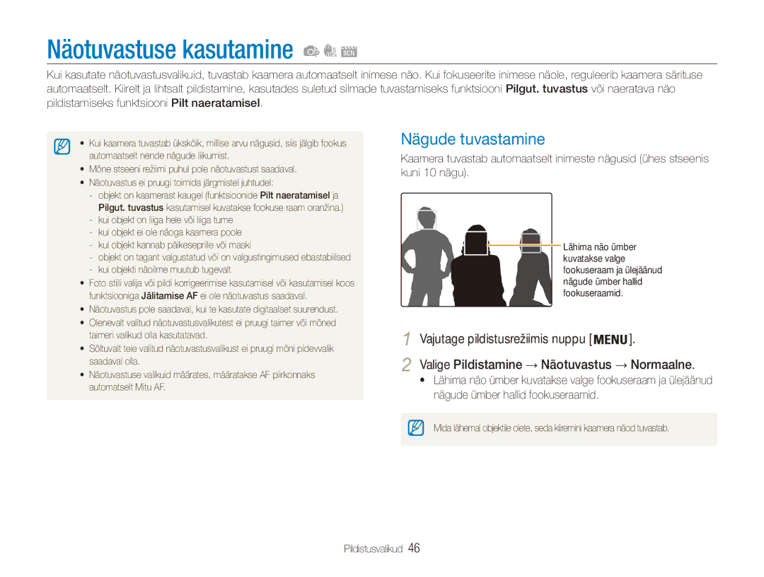 Samsung EC-ES90ZZBPBE2, EC-ES90ZZBPSE2 manual Näotuvastuse kasutamine, Nägude tuvastamine 