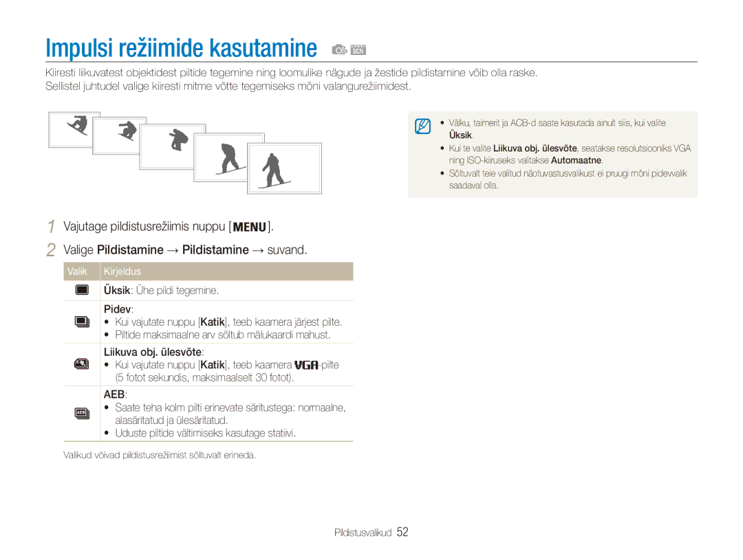 Samsung EC-ES90ZZBPBE2, EC-ES90ZZBPSE2 manual Impulsi režiimide kasutamine, Valik Kirjeldus 