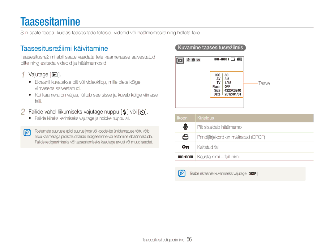 Samsung EC-ES90ZZBPBE2 manual Taasesitamine, Taasesitusrežiimi käivitamine, Failide vahel liikumiseks vajutage nuppu või 