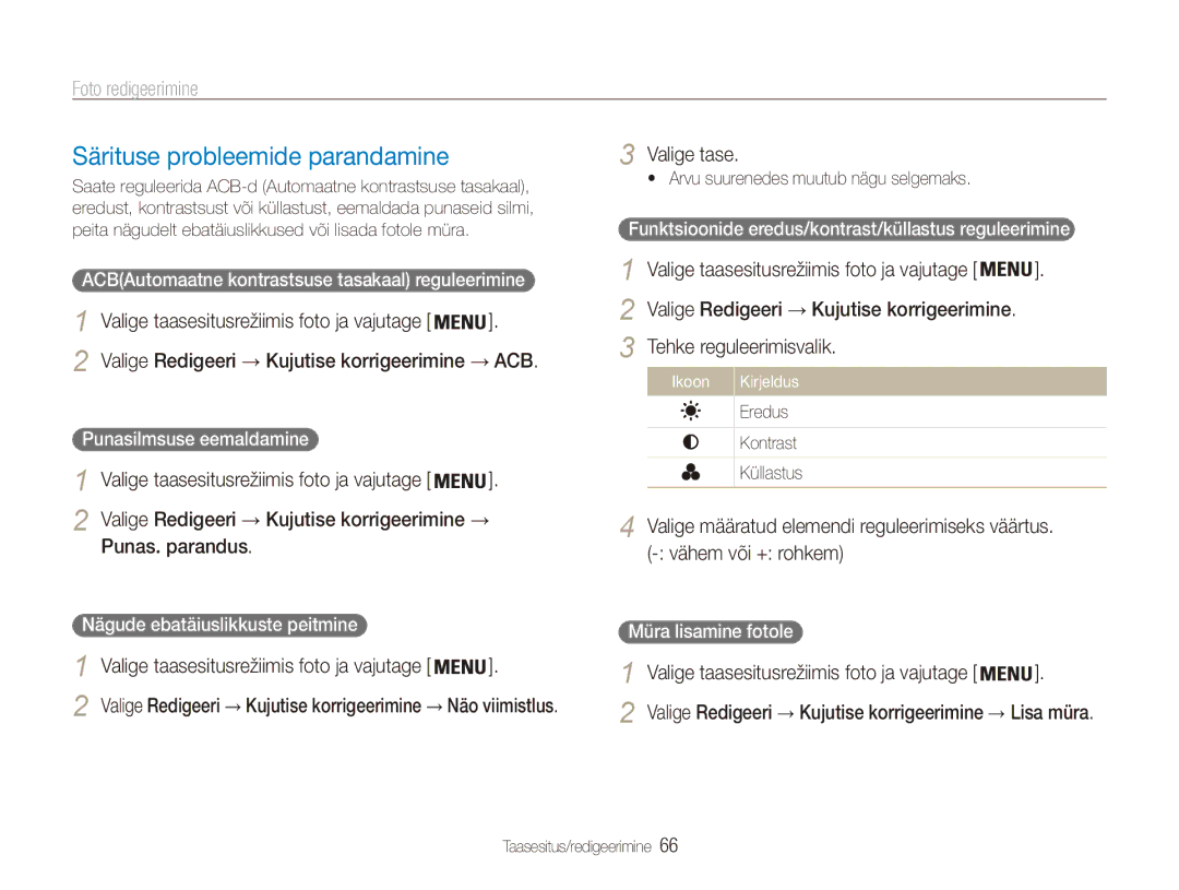 Samsung EC-ES90ZZBPBE2 manual Särituse probleemide parandamine, Valige tase, Valige taasesitusrežiimis foto ja vajutage 