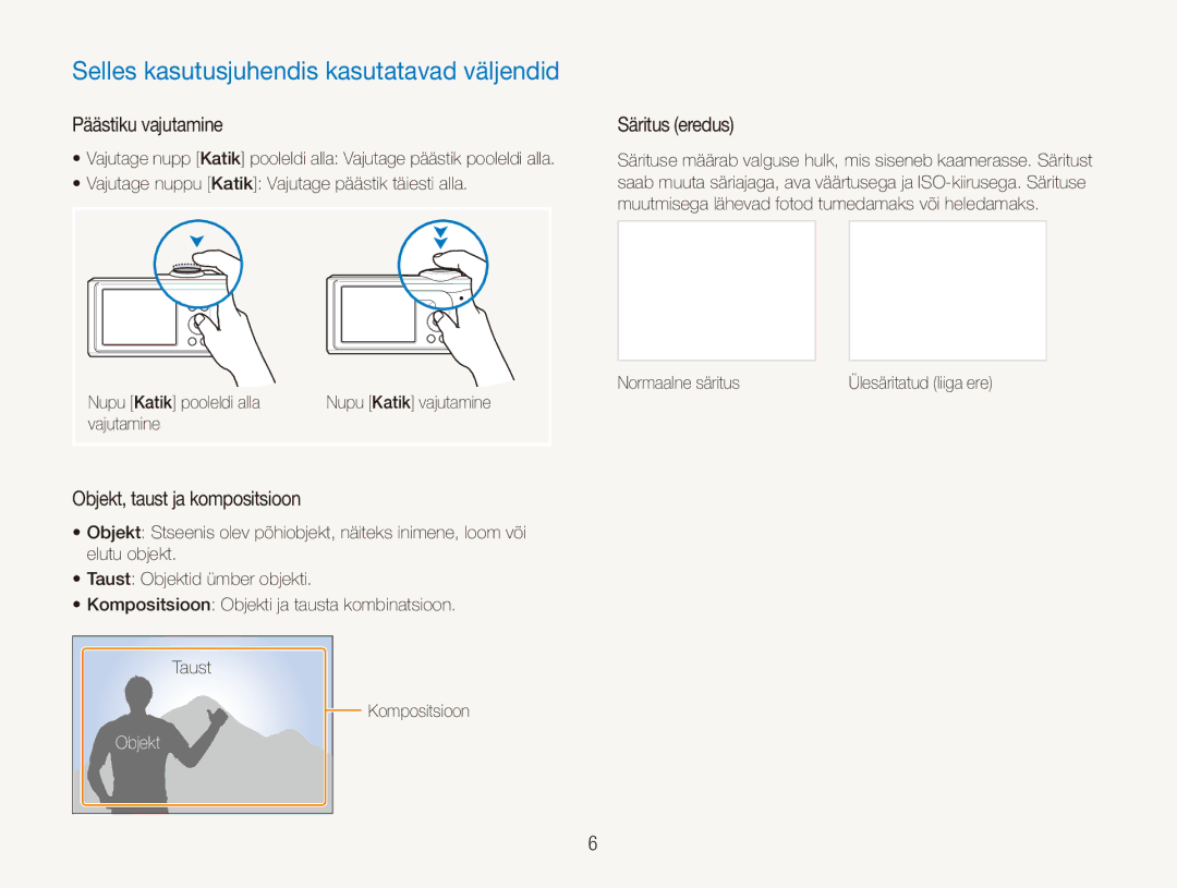 Samsung EC-ES90ZZBPBE2 Selles kasutusjuhendis kasutatavad väljendid, Päästiku vajutamine, Objekt, taust ja kompositsioon 