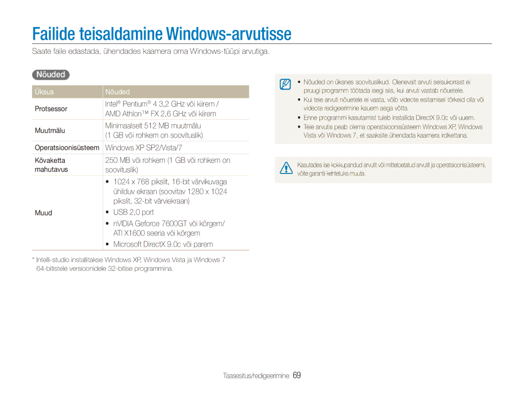 Samsung EC-ES90ZZBPSE2, EC-ES90ZZBPBE2 manual Failide teisaldamine Windows-arvutisse, Üksus Nõuded 