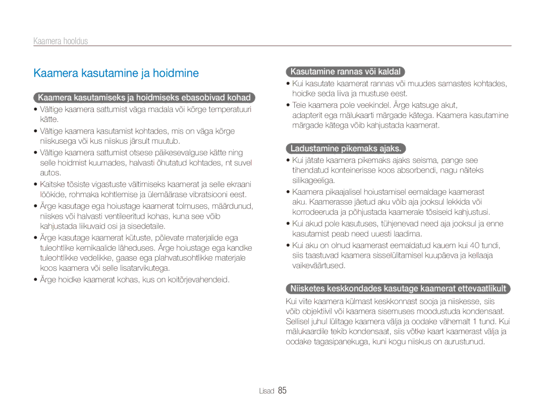 Samsung EC-ES90ZZBPSE2, EC-ES90ZZBPBE2 manual Kaamera kasutamine ja hoidmine, Kaamera hooldus 