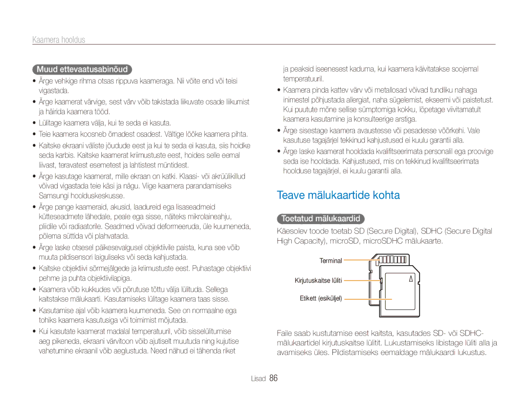 Samsung EC-ES90ZZBPBE2, EC-ES90ZZBPSE2 manual Teave mälukaartide kohta, Muud ettevaatusabinõud, Toetatud mälukaardid 