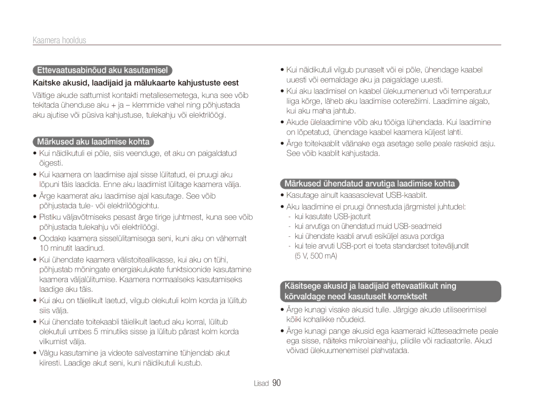 Samsung EC-ES90ZZBPBE2, EC-ES90ZZBPSE2 manual Ettevaatusabinõud aku kasutamisel, Märkused aku laadimise kohta 
