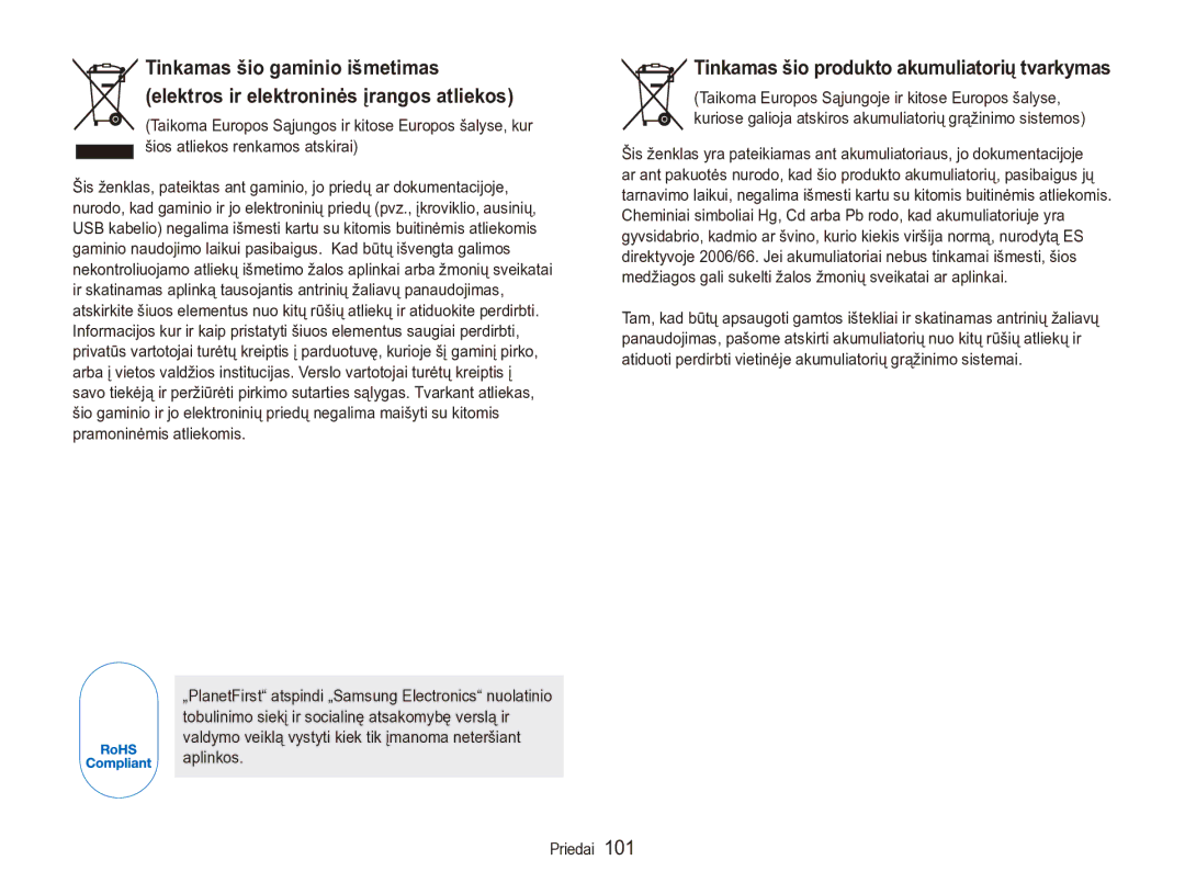 Samsung EC-ES90ZZBPSE2, EC-ES90ZZBPBE2 manual Tinkamas šio produkto akumuliatorių tvarkymas 