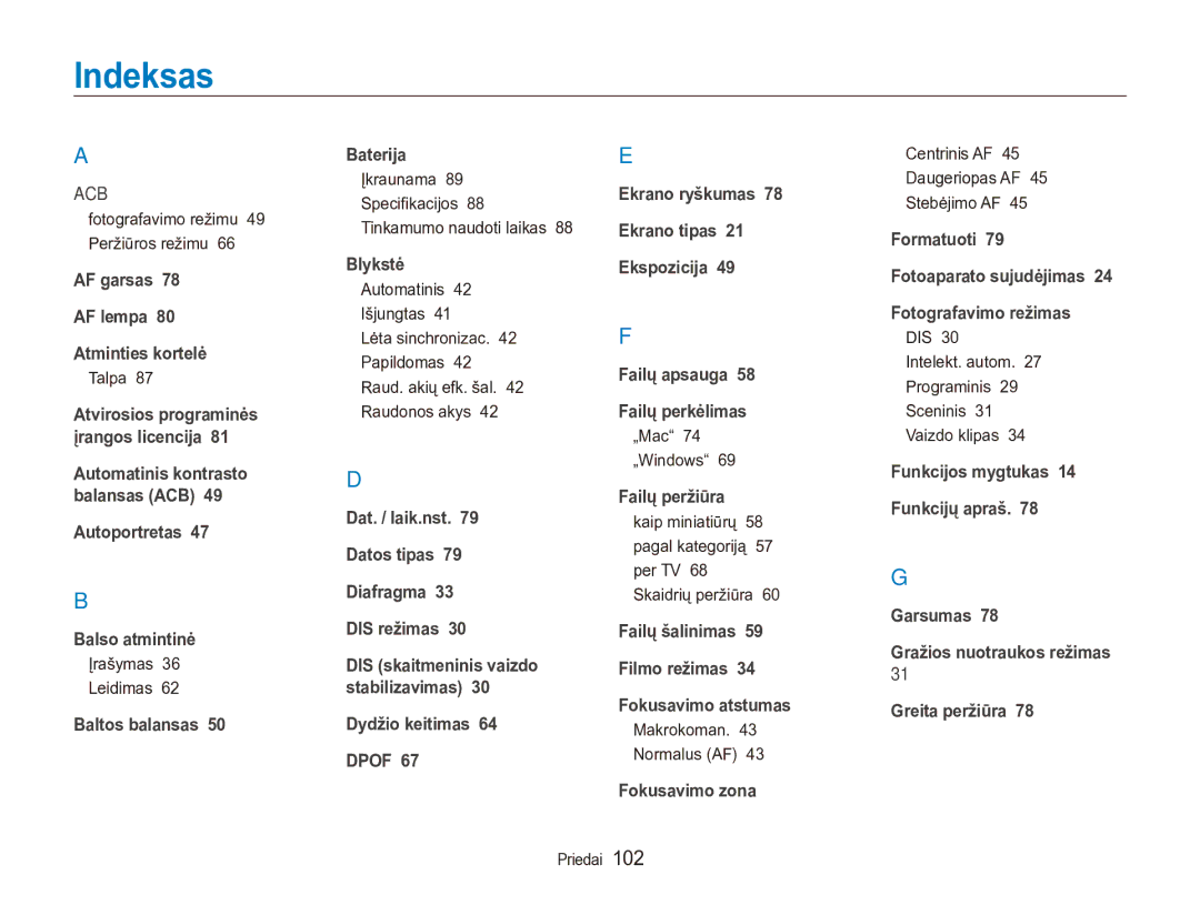 Samsung EC-ES90ZZBPBE2, EC-ES90ZZBPSE2 manual Indeksas 