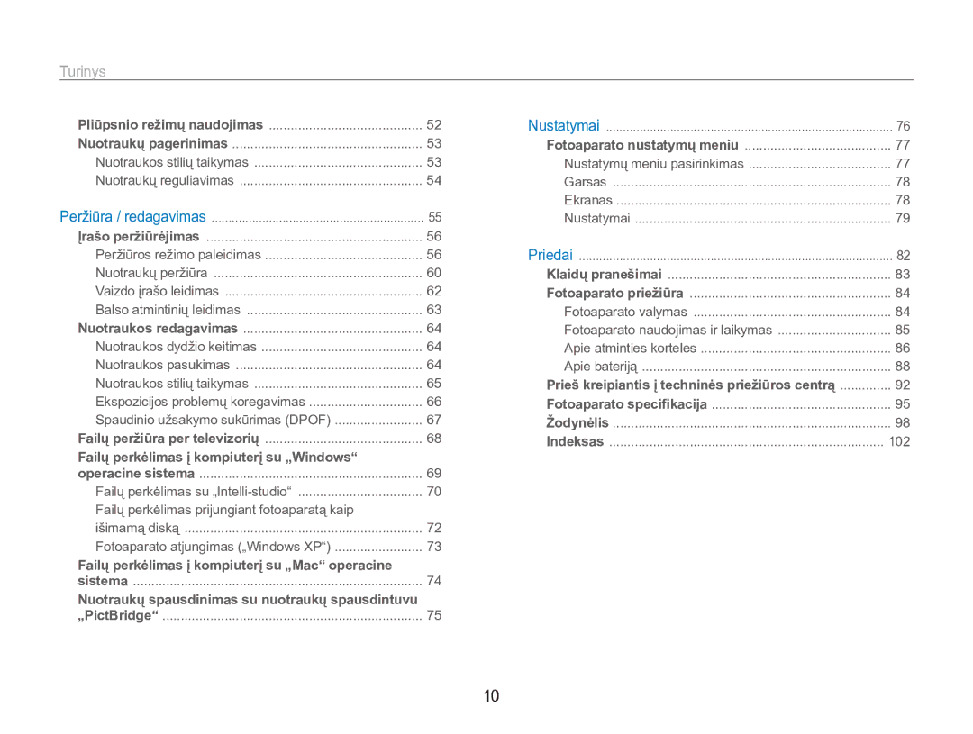 Samsung EC-ES90ZZBPBE2, EC-ES90ZZBPSE2 manual Turinys﻿, Failų perkėlimas į kompiuterį su „Windows 