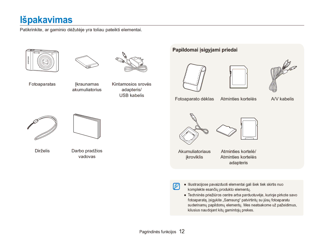 Samsung EC-ES90ZZBPBE2 manual Išpakavimas, Papildomai įsigyjami priedai, Dirželis, Fotoaparato dėklas Atminties kortelės 