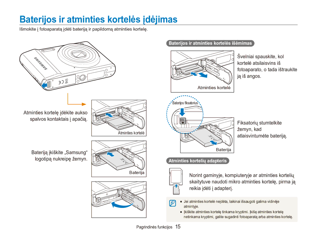 Samsung EC-ES90ZZBPSE2, EC-ES90ZZBPBE2 Baterijos ir atminties kortelės įdėjimas, Baterijos ir atminties kortelės išėmimas 