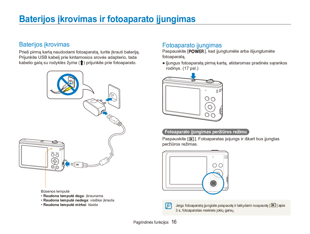 Samsung EC-ES90ZZBPBE2, EC-ES90ZZBPSE2 Baterijos įkrovimas ir fotoaparato įjungimas, Fotoaparato įjungimas, Paspauskite 