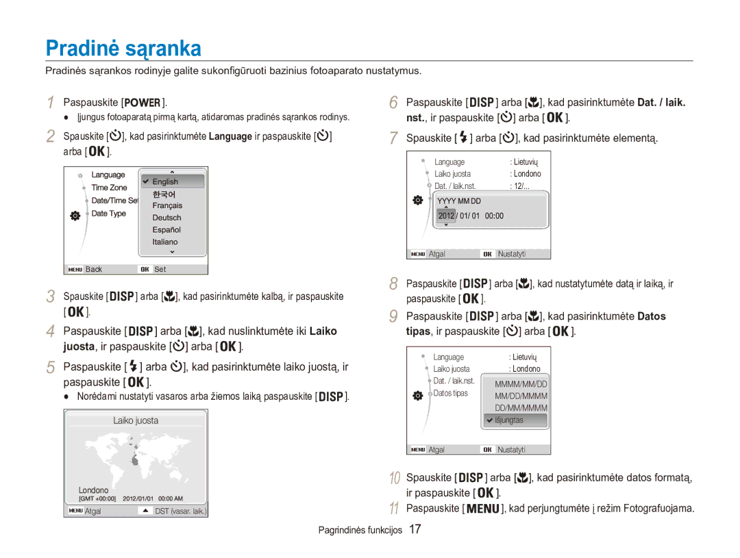 Samsung EC-ES90ZZBPSE2, EC-ES90ZZBPBE2 manual Pradinė sąranka, Arba Paspauskite 