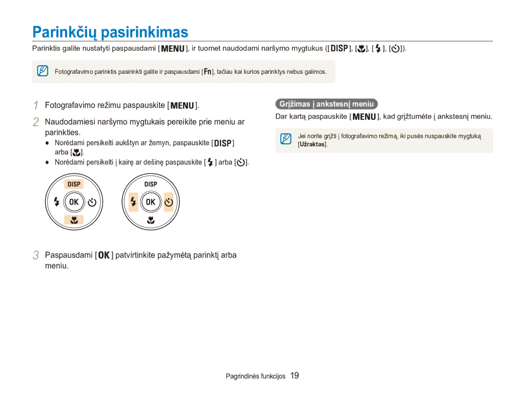 Samsung EC-ES90ZZBPSE2, EC-ES90ZZBPBE2 manual Parinkties, Paspausdami, Meniu, Grįžimas į ankstesnį meniu 