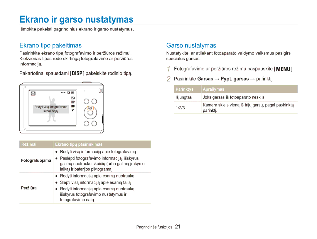 Samsung EC-ES90ZZBPSE2, EC-ES90ZZBPBE2 manual Ekrano ir garso nustatymas, Ekrano tipo pakeitimas, Garso nustatymas 