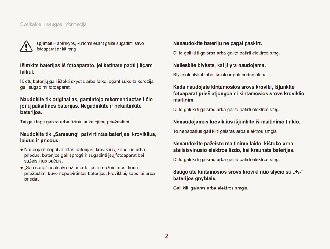 Samsung EC-ES90ZZBPBE2, EC-ES90ZZBPSE2 manual Sveikatos ir saugos informacija, Nenaudokite baterijų ne pagal paskirt 