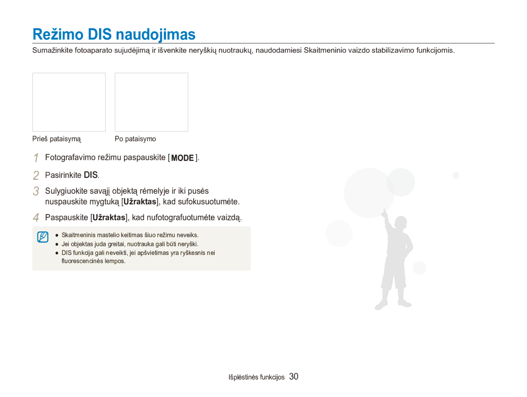 Samsung EC-ES90ZZBPBE2, EC-ES90ZZBPSE2 manual Režimo DIS naudojimas 