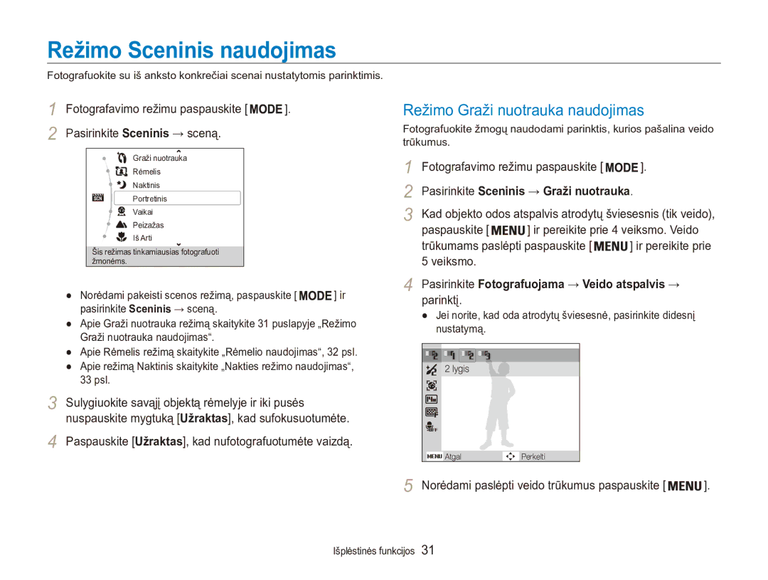 Samsung EC-ES90ZZBPSE2, EC-ES90ZZBPBE2 manual Režimo Sceninis naudojimas, Režimo Graži nuotrauka naudojimas 