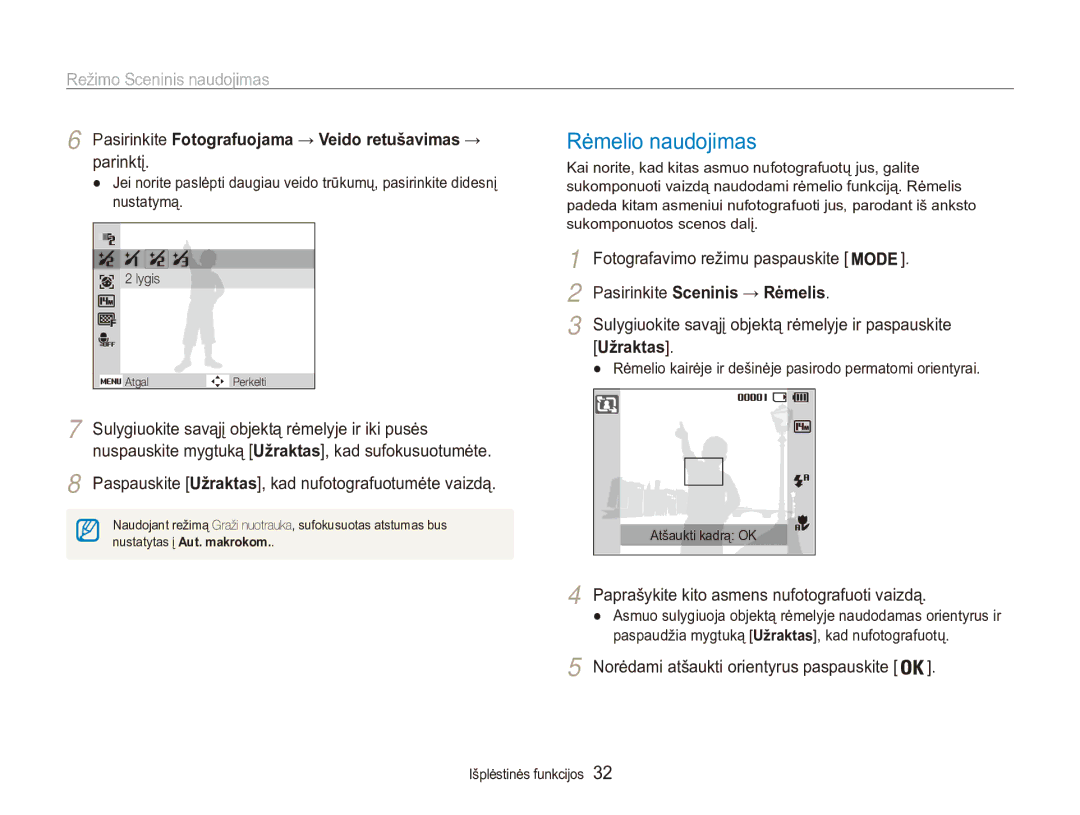 Samsung EC-ES90ZZBPBE2 manual Rėmelio naudojimas, Režimo Sceninis naudojimas, Pasirinkite Sceninis → Rėmelis, Užraktas 