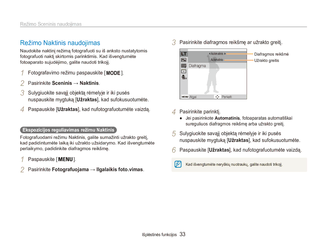 Samsung EC-ES90ZZBPSE2, EC-ES90ZZBPBE2 Režimo Naktinis naudojimas, Pasirinkite Sceninis → Naktinis, Pasirinkite parinktį 