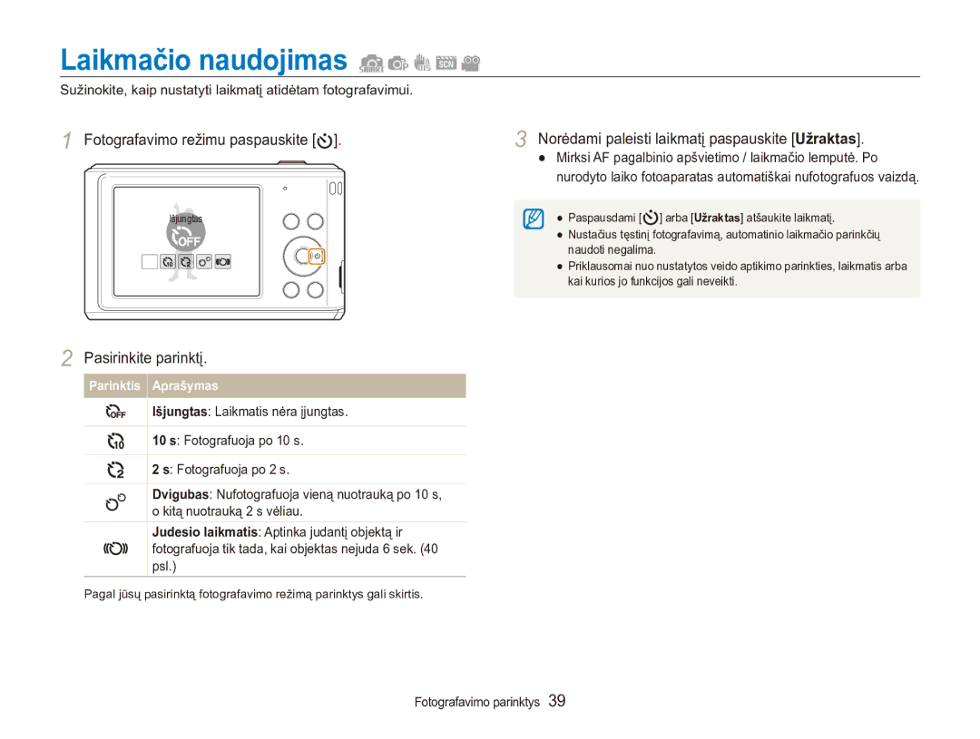 Samsung EC-ES90ZZBPSE2, EC-ES90ZZBPBE2 manual Laikmačio naudojimas, Norėdami paleisti laikmatį paspauskite Užraktas 