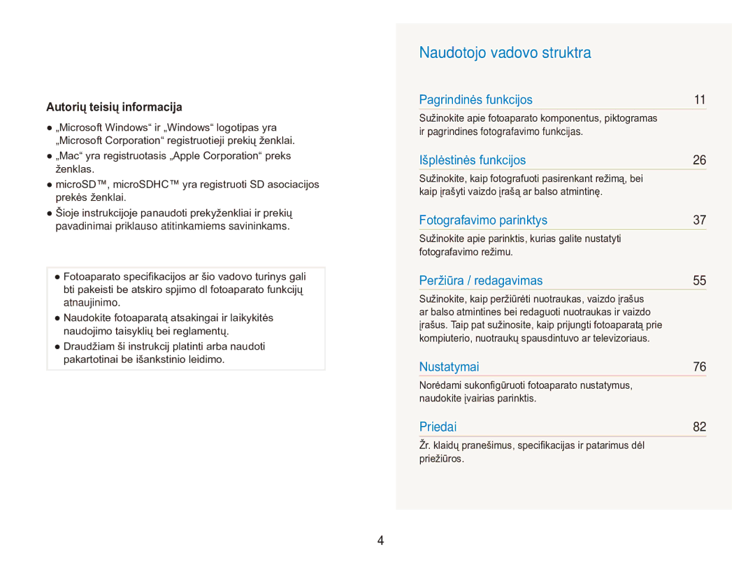 Samsung EC-ES90ZZBPBE2 manual Naudotojo vadovo struktra, Autorių teisių informacija, Ir pagrindines fotografavimo funkcijas 