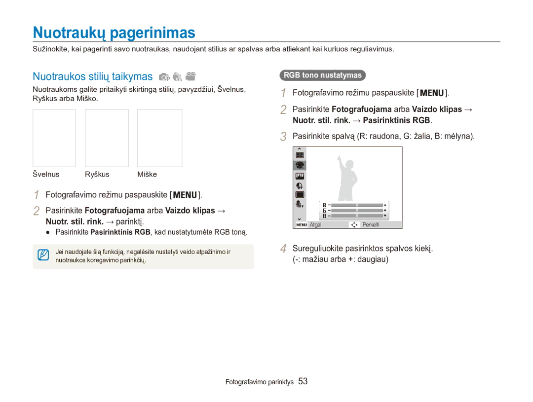 Samsung EC-ES90ZZBPSE2, EC-ES90ZZBPBE2 Nuotraukų pagerinimas, Nuotraukos stilių taikymas, Nuotr. stil. rink. → parinktį 