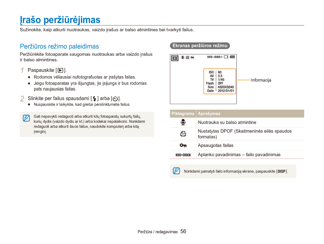 Samsung EC-ES90ZZBPBE2 manual Įrašo peržiūrėjimas, Peržiūros režimo paleidimas, Slinkite per failus spausdami arba 