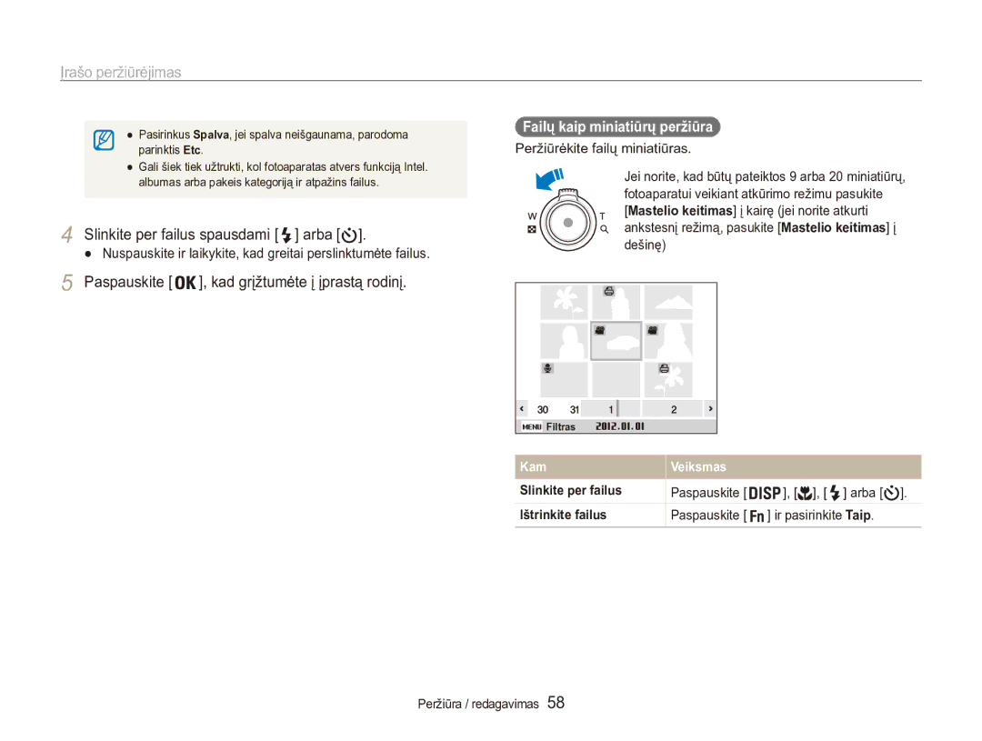 Samsung EC-ES90ZZBPBE2 manual Nuspauskite ir laikykite, kad greitai perslinktumėte failus, Failų kaip miniatiūrų peržiūra 