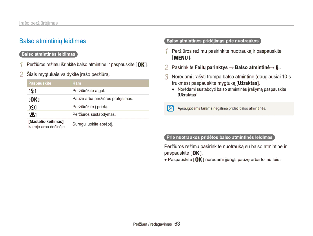 Samsung EC-ES90ZZBPSE2 manual Balso atmintinių leidimas, Peržiūros režimu pasirinkite nuotrauką ir paspauskite, Pasirinkite 