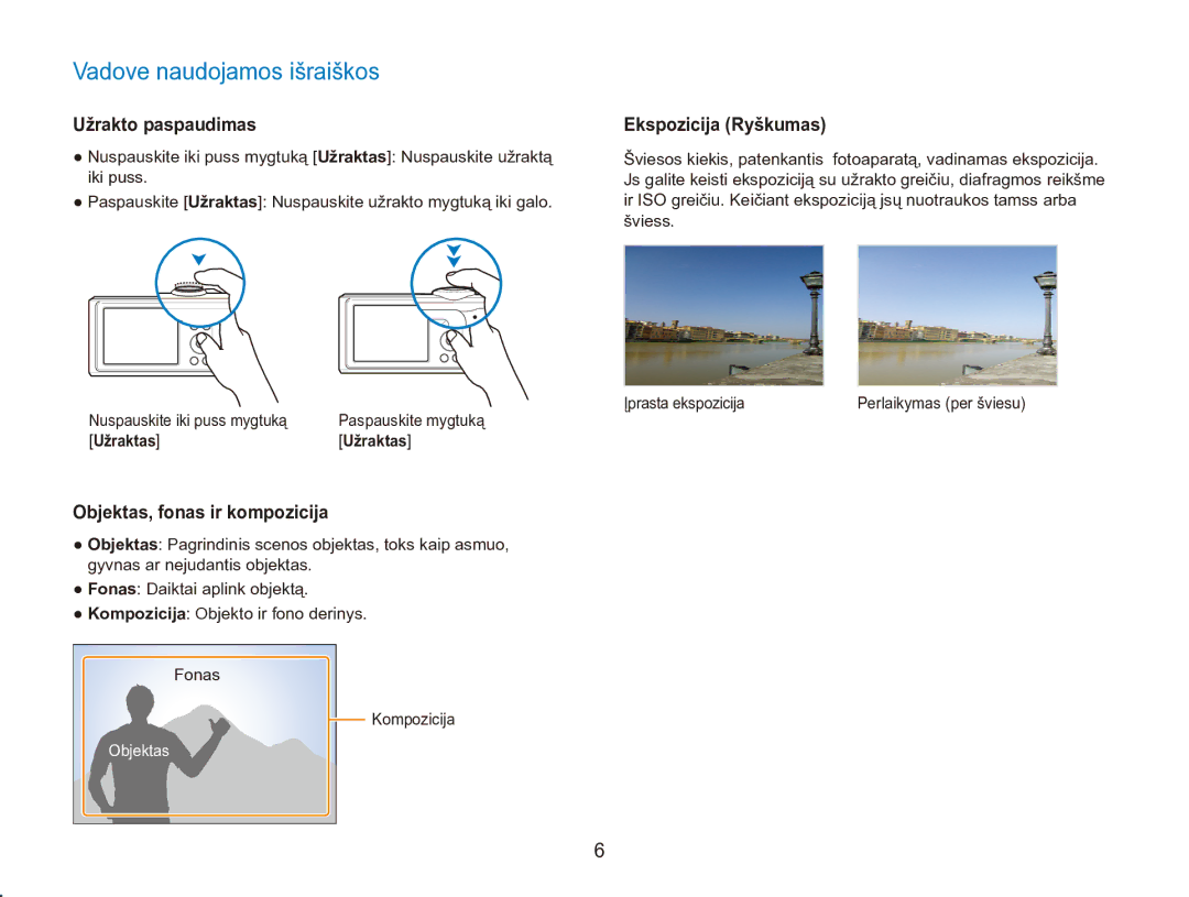 Samsung EC-ES90ZZBPBE2 manual Vadove naudojamos išraiškos, Užrakto paspaudimas, Objektas, fonas ir kompozicija, Užraktas 