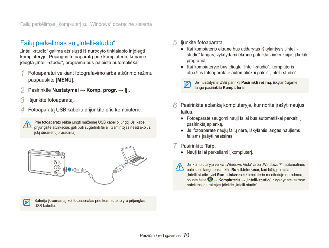 Samsung EC-ES90ZZBPBE2 Failų perkėlimas su „Intelli-studio, Failų perkėlimas į kompiuterį su „Windows operacine sistema 