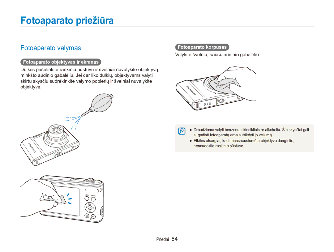 Samsung EC-ES90ZZBPBE2 Fotoaparato priežiūra, Fotoaparato valymas, Fotoaparato objektyvas ir ekranas, Fotoaparato korpusas 