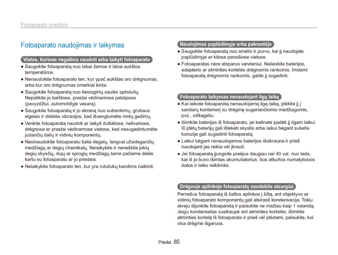 Samsung EC-ES90ZZBPSE2, EC-ES90ZZBPBE2 manual Fotoaparato naudojimas ir laikymas, Fotoaparato priežiūra 