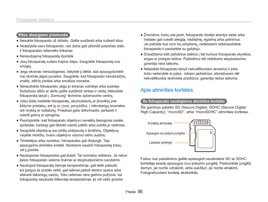 Samsung EC-ES90ZZBPBE2 Apie atminties korteles, Kitos atsargumo priemonės, Su fotoaparatu naudojamos atminties kortelės 