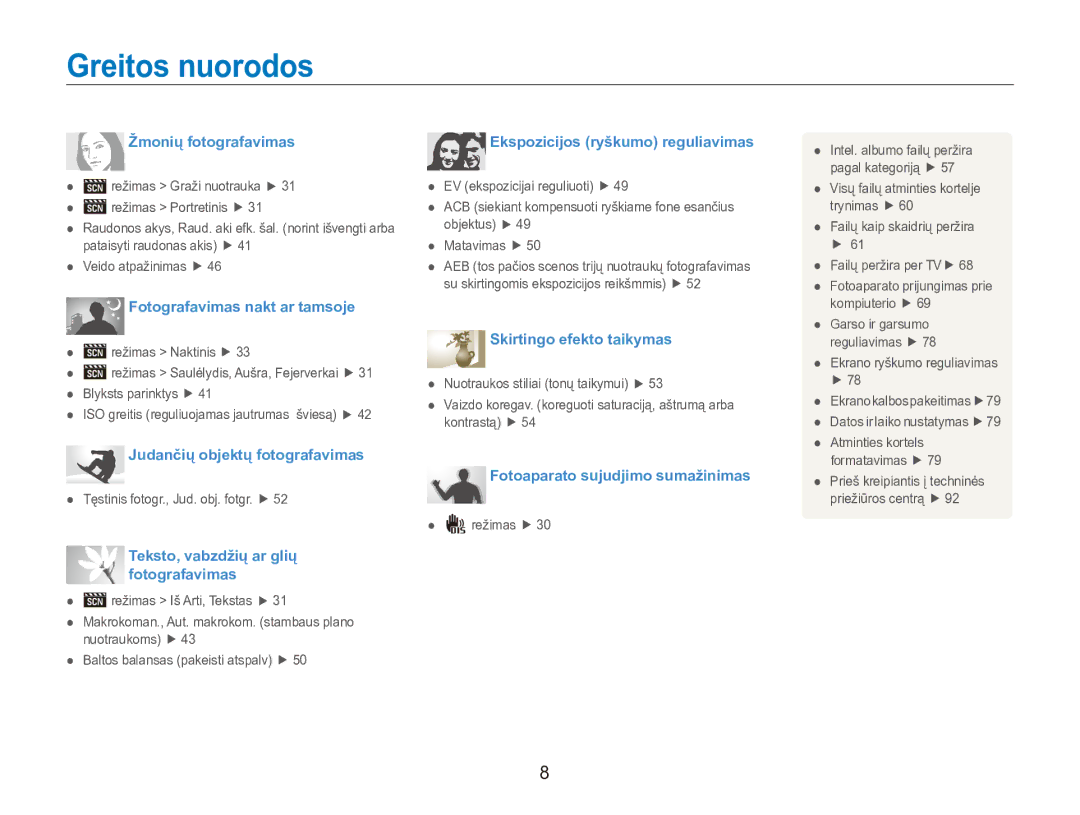 Samsung EC-ES90ZZBPBE2, EC-ES90ZZBPSE2 manual Greitos nuorodos, Žmonių fotografavimas 