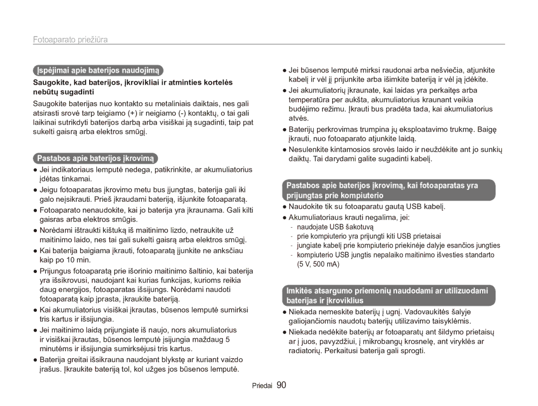 Samsung EC-ES90ZZBPBE2, EC-ES90ZZBPSE2 manual Įspėjimai apie baterijos naudojimą, Pastabos apie baterijos įkrovimą, 500 mA 