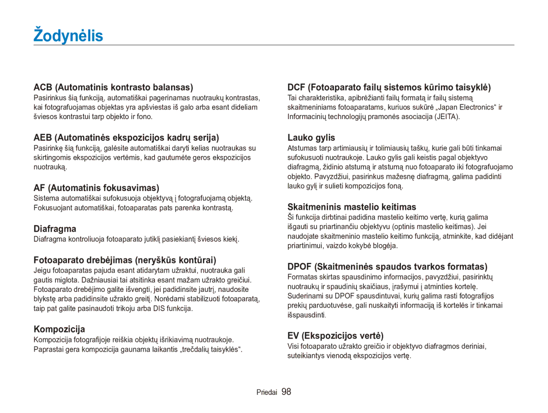 Samsung EC-ES90ZZBPBE2, EC-ES90ZZBPSE2 manual Žodynėlis, ACB Automatinis kontrasto balansas 