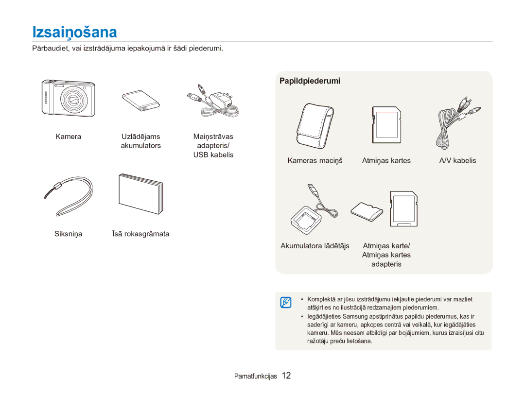 Samsung EC-ES90ZZBPBE2, EC-ES90ZZBPSE2 manual Izsaiņošana, Papildpiederumi 