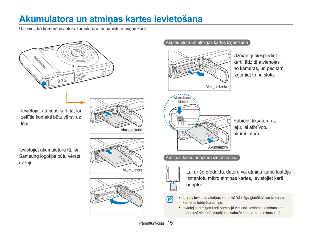 Samsung EC-ES90ZZBPSE2, EC-ES90ZZBPBE2 Akumulatora un atmiņas kartes ievietošana, Samsung logotips būtu vērsts uz leju 