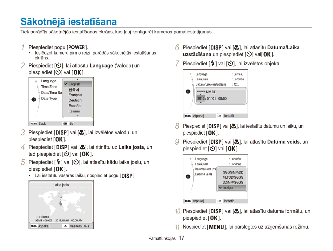 Samsung EC-ES90ZZBPSE2, EC-ES90ZZBPBE2 manual Sākotnējā iestatīšana 