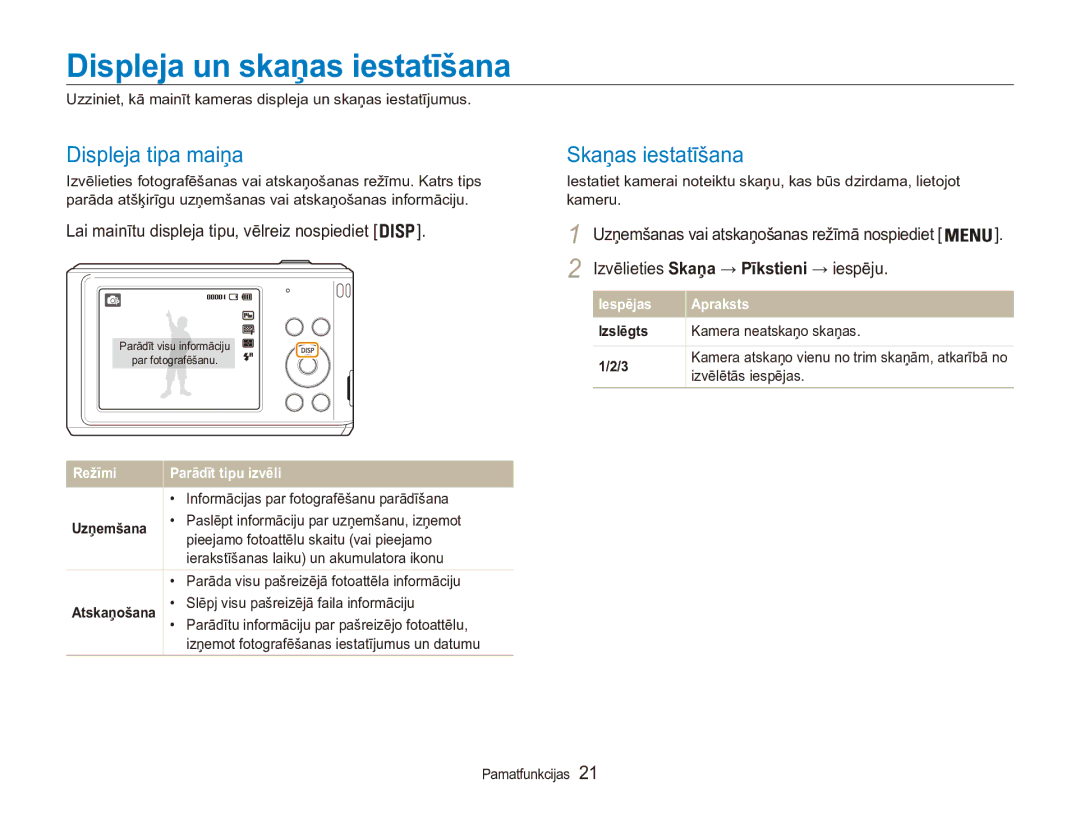 Samsung EC-ES90ZZBPSE2, EC-ES90ZZBPBE2 manual Displeja un skaņas iestatīšana, Displeja tipa maiņa, Skaņas iestatīšana 