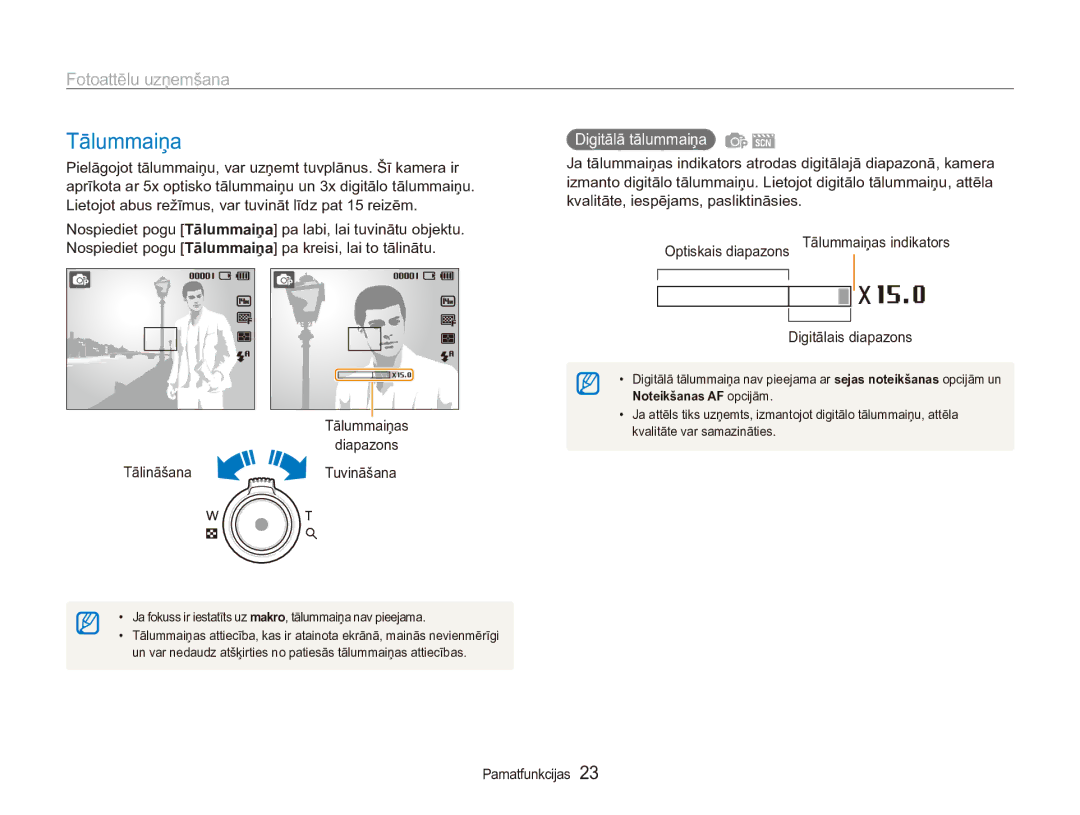 Samsung EC-ES90ZZBPSE2, EC-ES90ZZBPBE2 manual Tālummaiņa, Fotoattēlu uzņemšana, Digitālais diapazons 