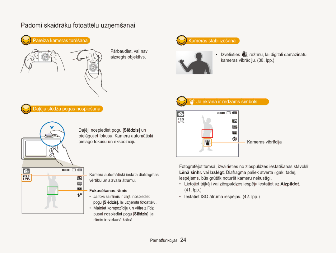 Samsung EC-ES90ZZBPBE2, EC-ES90ZZBPSE2 manual Pielāgo fokusu un ekspozīciju, Kameras vibrācija, Fokusēšanas rāmis 