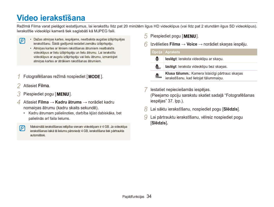 Samsung EC-ES90ZZBPBE2, EC-ES90ZZBPSE2 manual Video ierakstīšana, Izvēlieties Filma → Voice → norādiet skaņas iespēju 