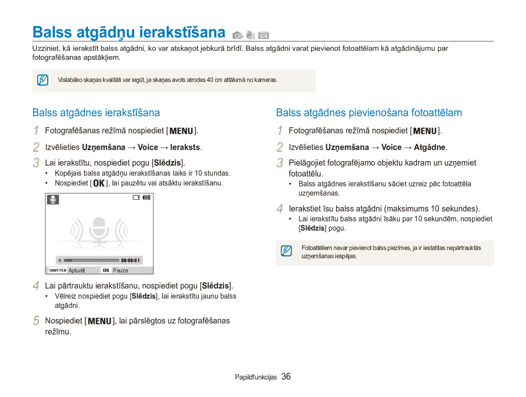 Samsung EC-ES90ZZBPBE2 Balss atgādņu ierakstīšana, Balss atgādnes ierakstīšana, Balss atgādnes pievienošana fotoattēlam 