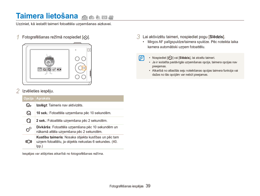 Samsung EC-ES90ZZBPSE2, EC-ES90ZZBPBE2 manual Taimera lietošana, Lai aktivizētu taimeri, nospiediet pogu Slēdzis 