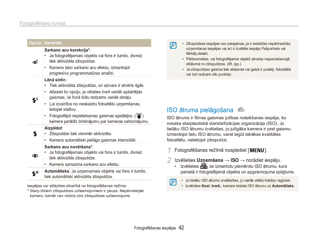 Samsung EC-ES90ZZBPBE2, EC-ES90ZZBPSE2 manual ISO ātruma pielāgošana, Fotografēšana tumsā 