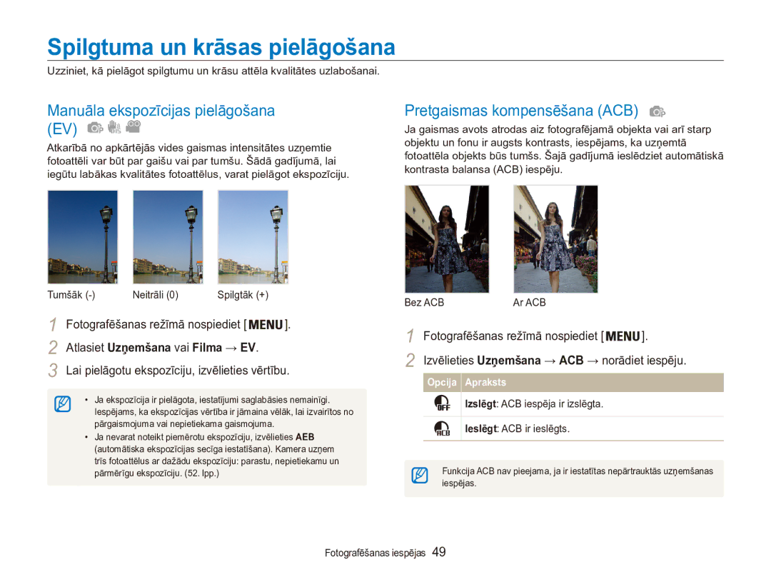 Samsung EC-ES90ZZBPSE2 Spilgtuma un krāsas pielāgošana, Manuāla ekspozīcijas pielāgošana EV, Pretgaismas kompensēšana ACB 